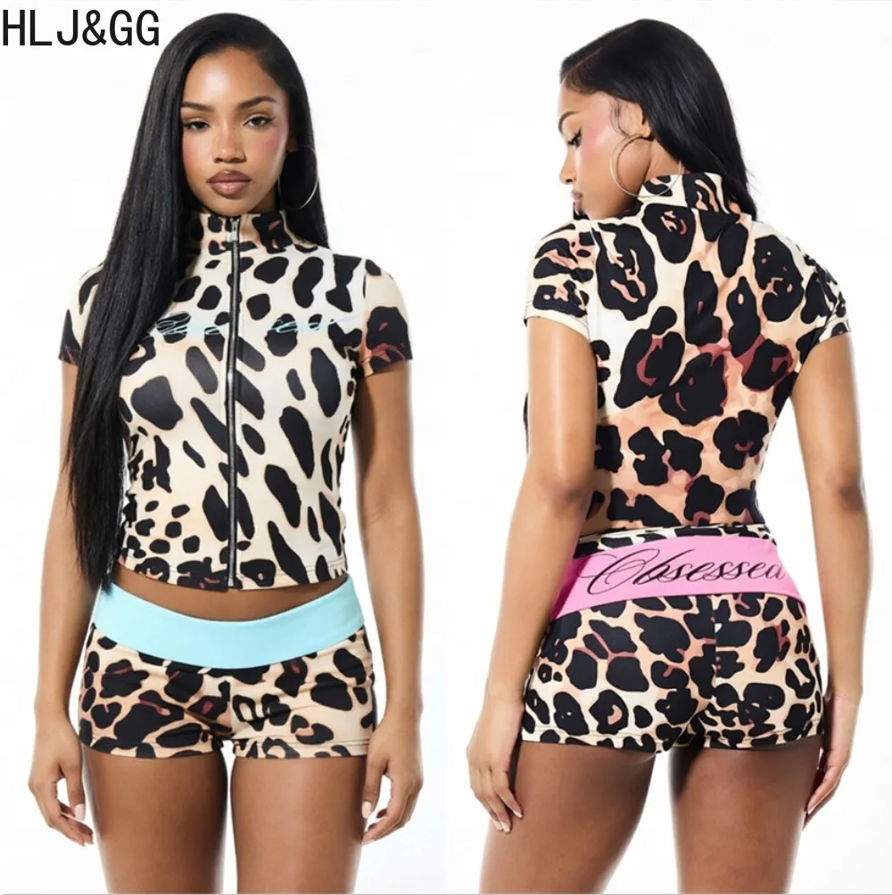 HLJ&GG Fashion Leopard Print Letter Splicing Shorts Two Piece Sets Women Zipper Slim Crop Top And Shorts Outfits Y2K Streetwear