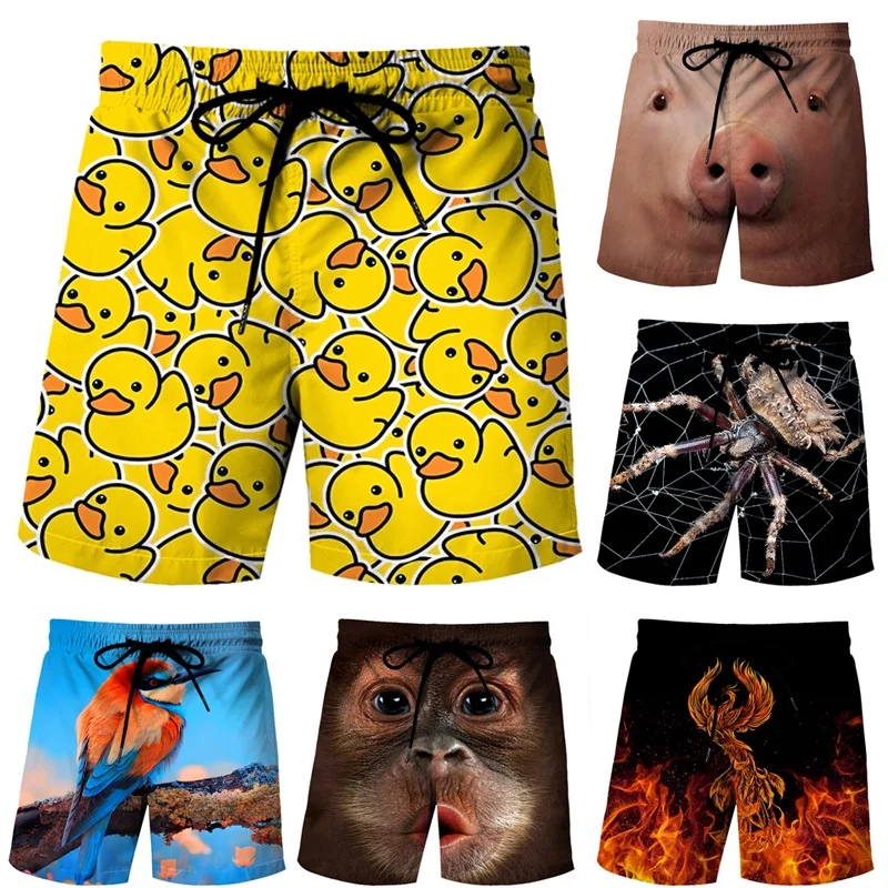 Funny Animals Board Shorts Duck Pig Monkey 3d Printed Streetwear Boy\'s Casual Beach Shorts Sportswear Kids Short Pants Trousers