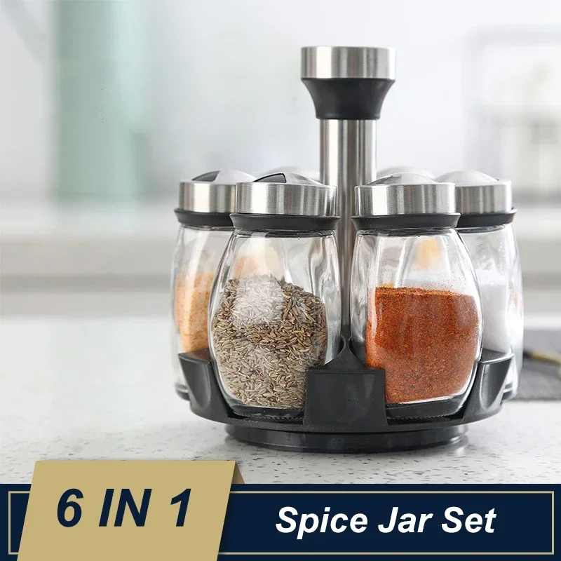 Nice 1/7pcs Spice Jar Set Rack Glass Organizer Rotating Glass Seasoning Sugar Pepper Bottles Salt Shakers Holder Kitchen Storage