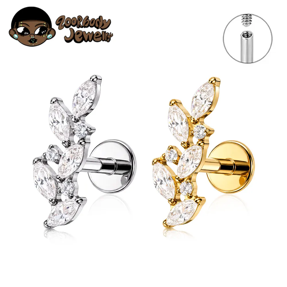 ZOOR ASTM F136 Titan mit Medusa CZ Blättern Helix Labret Piercing Tragus Conch Helix Flat Back Stud Knorpelohrring