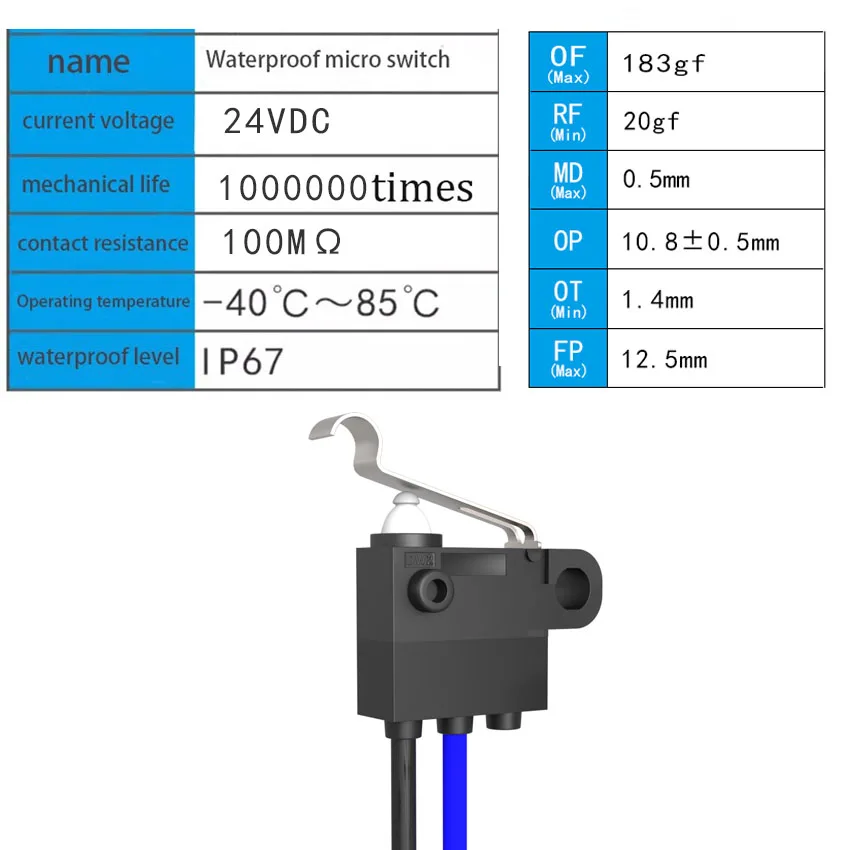 1Pcs Waterproof micro switch DW2 IP67 waterproof high travel limit detection switch, charging gun long button