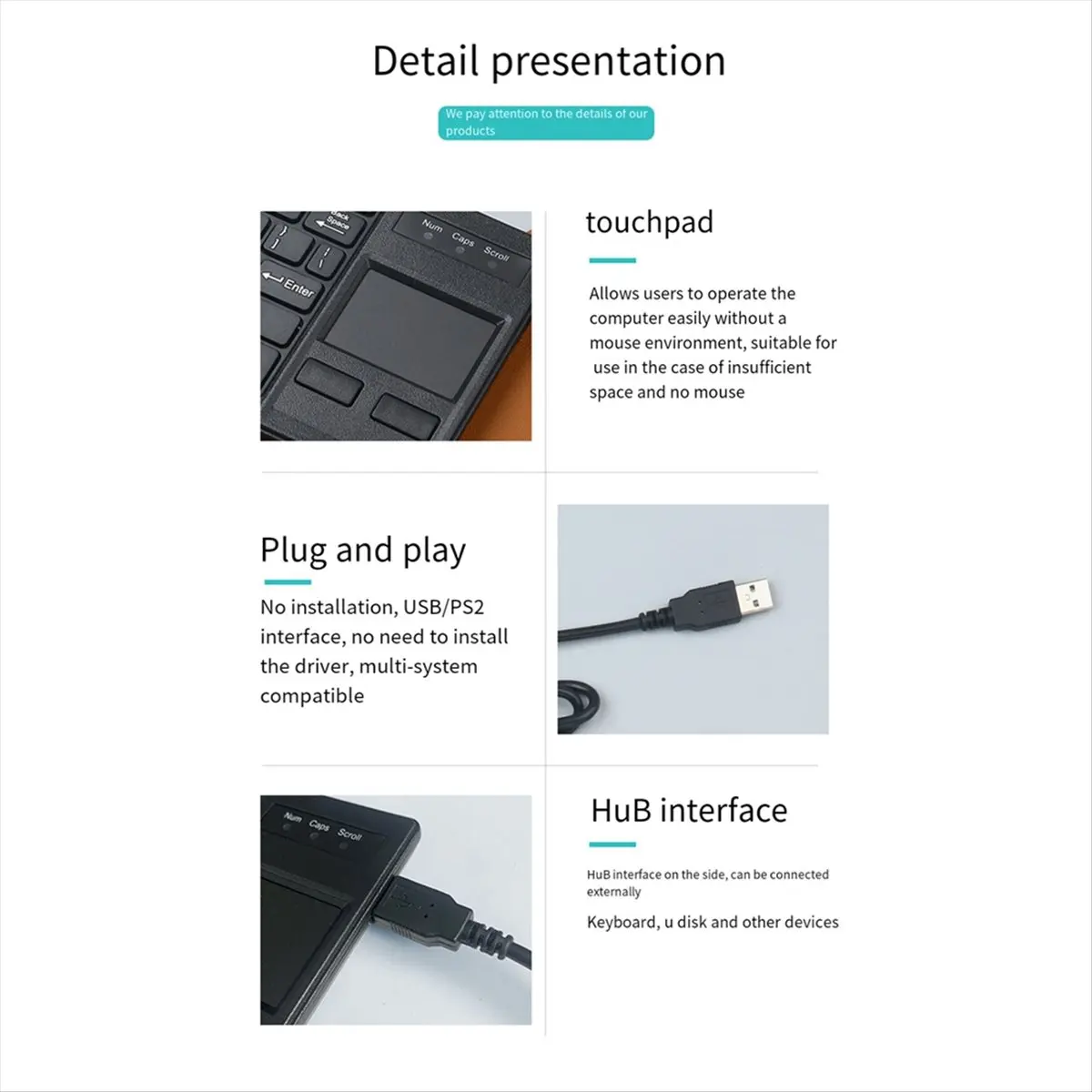 618 Mega Sale 80 Keys USB Wired Keyboard Ultra Thin Mini Compact Touch Keyboard HUB Function Wired Touch Keyboard