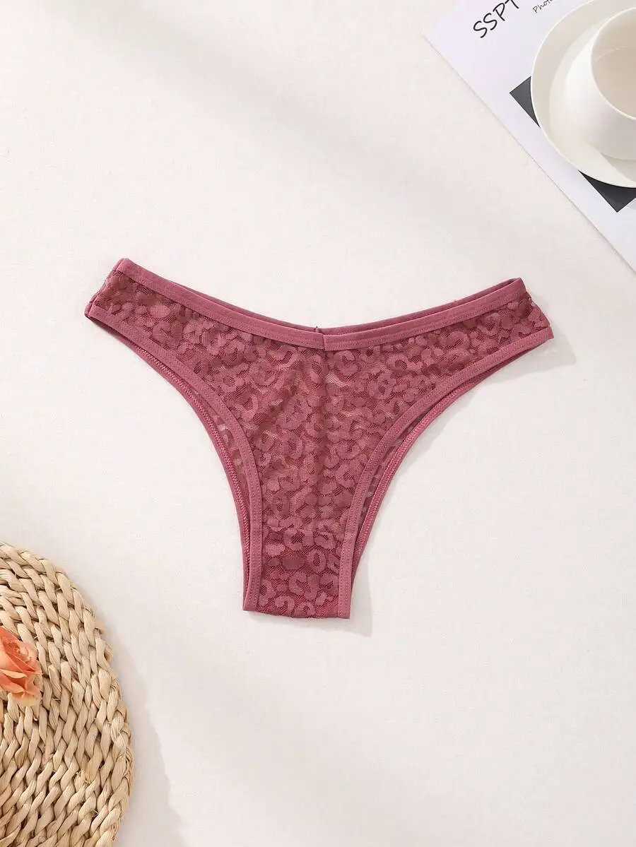 

Womens Lace Hollow Out Bikini Panties V-Waist Leopard Print Comfortable Breathable