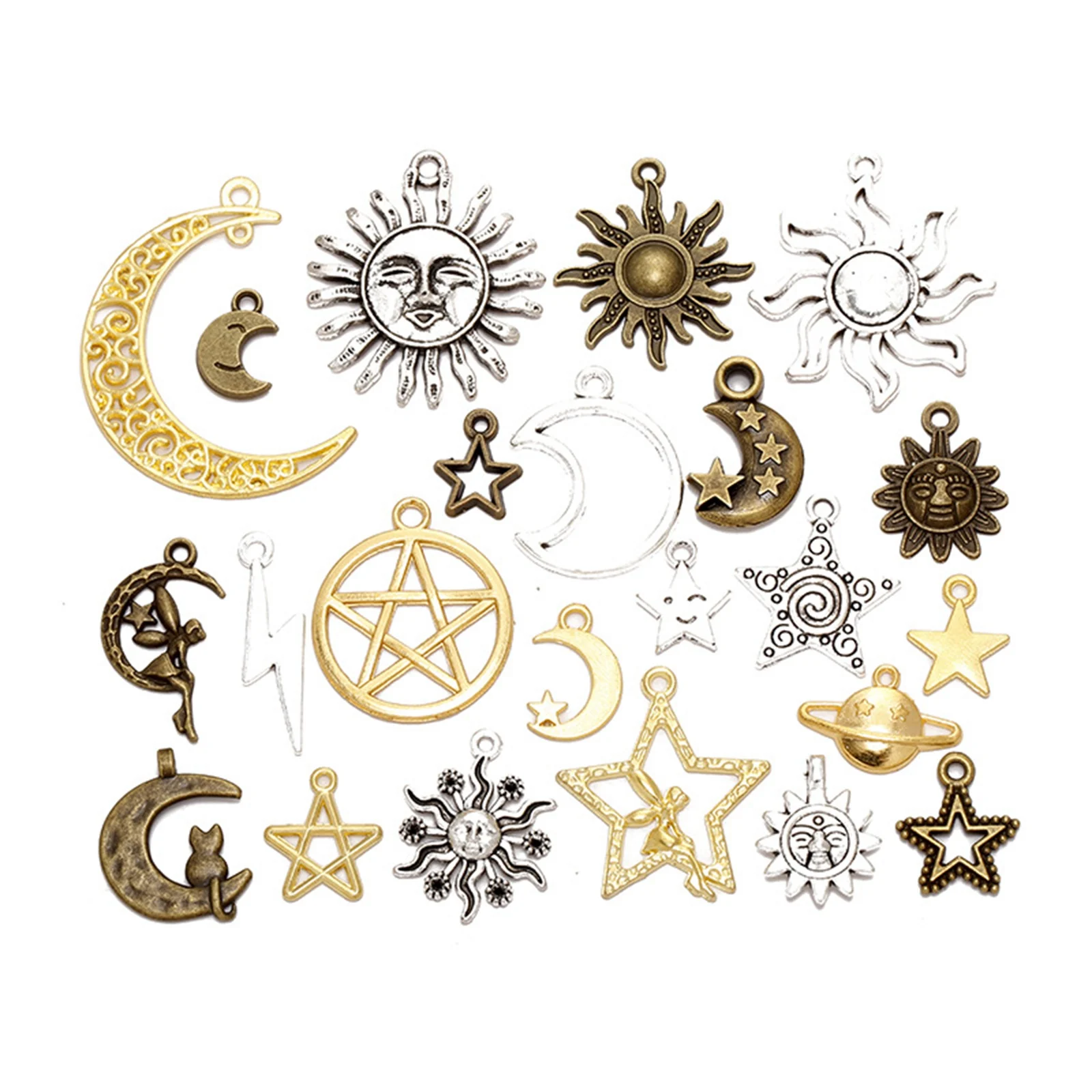 

23 Tibet Silver Alloy Assorted Sun Moon Star Charm Pendants