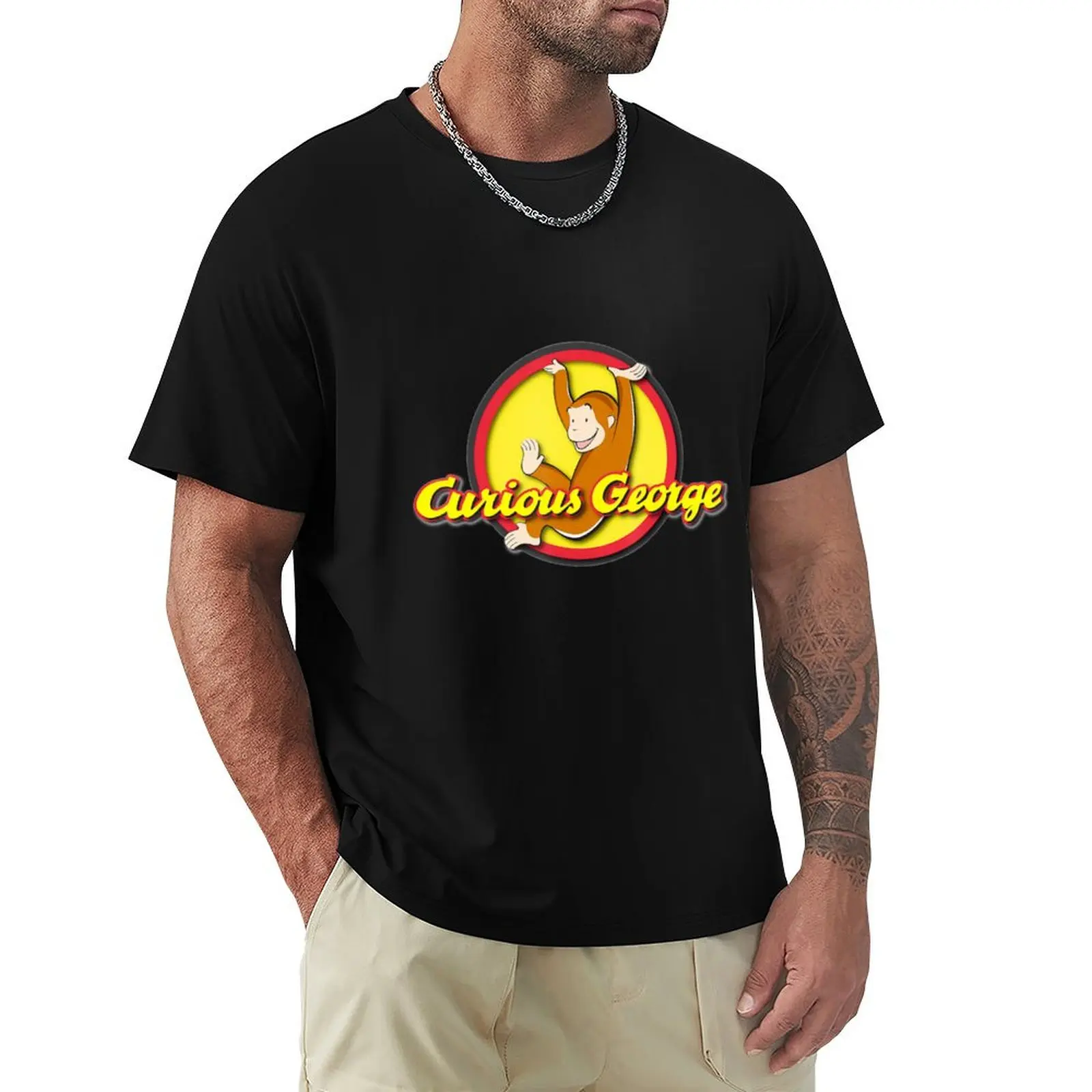 

Curious George Playfully Swinging Circle Logo T-Shirt oversized graphic tee valentines clothes heavyweight t shirts for men