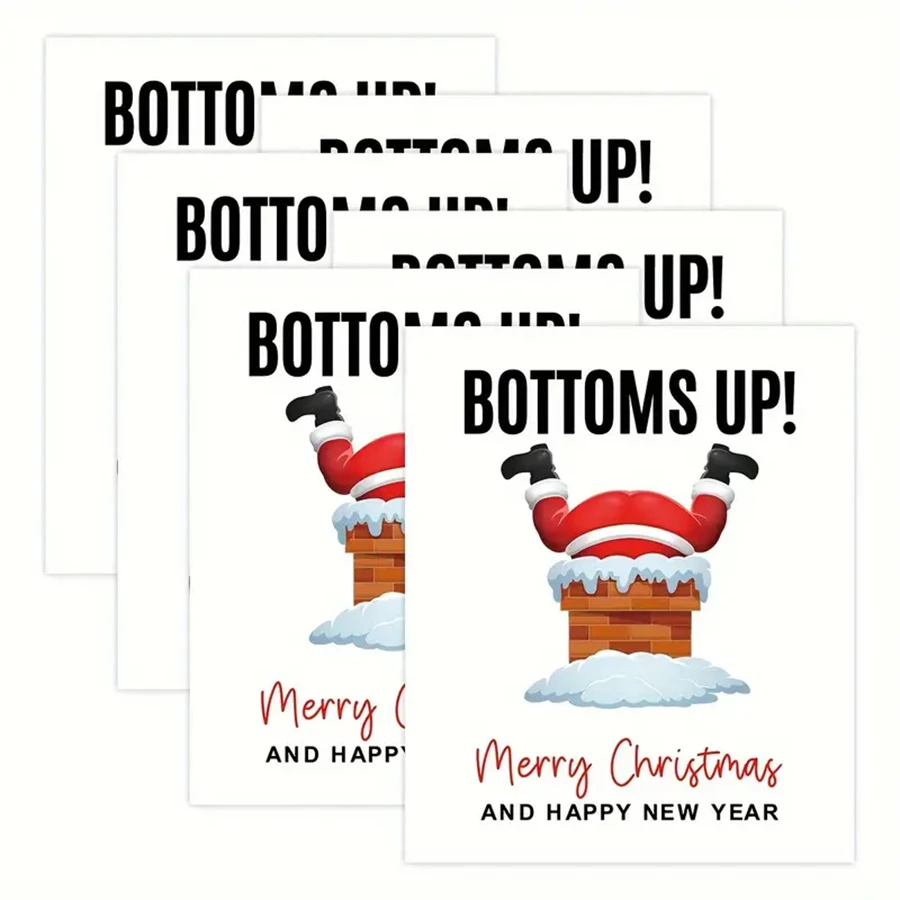 Bottoms Up Funny Santa Christmas Wine Bottle Labels Stickers for Xmas Holiday Party Wine Bottle Decor Gift