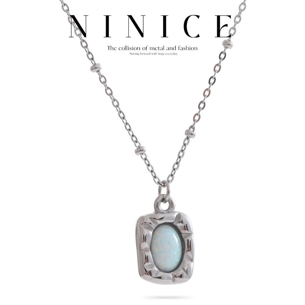 NiNice Necklaces for Women Stainless Steel Jewelry Imitation Australian Opal Rectangular Pendant High Quality Fashion Gift New
