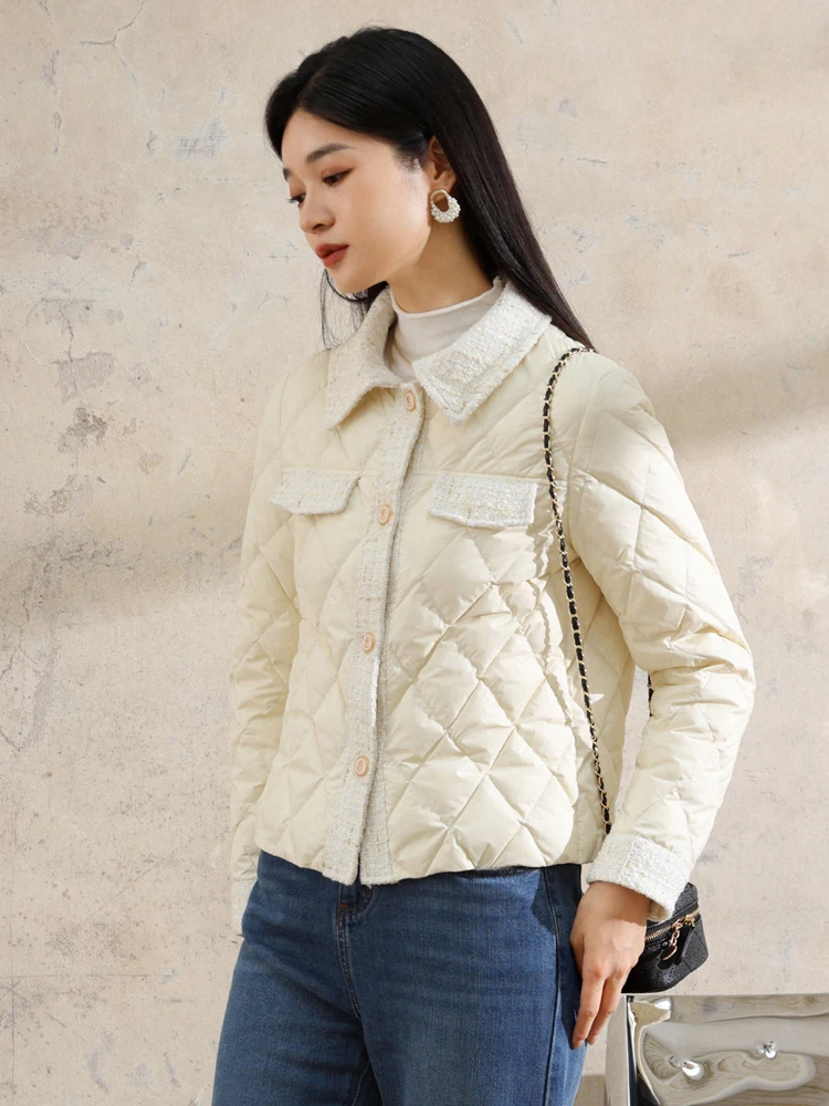 Vintage Women Luxury 95% White Goose Down Jacket Slim Fit Single Breasted Tweed Spliced Winter Warm Down Filled Coat Female Tops