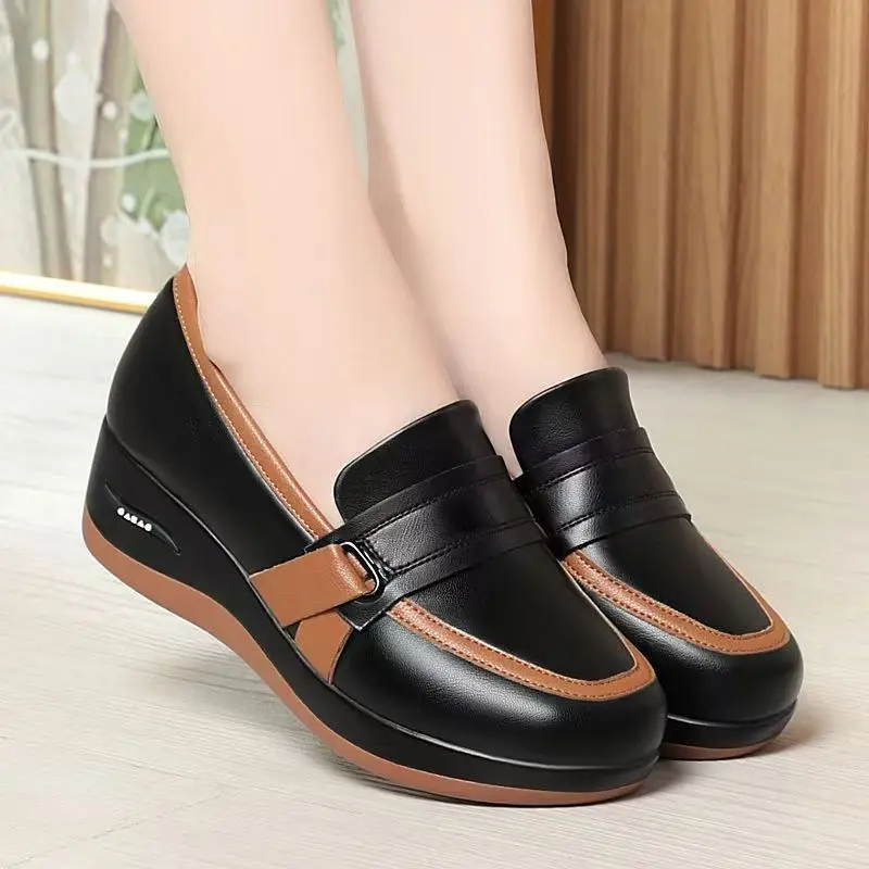 

Women's Genuine Leather Big Size Wedges Shoes Spring Autumn New Thick Sole Round Toe Shallow Slip On Work Shoes Commuter Shoes