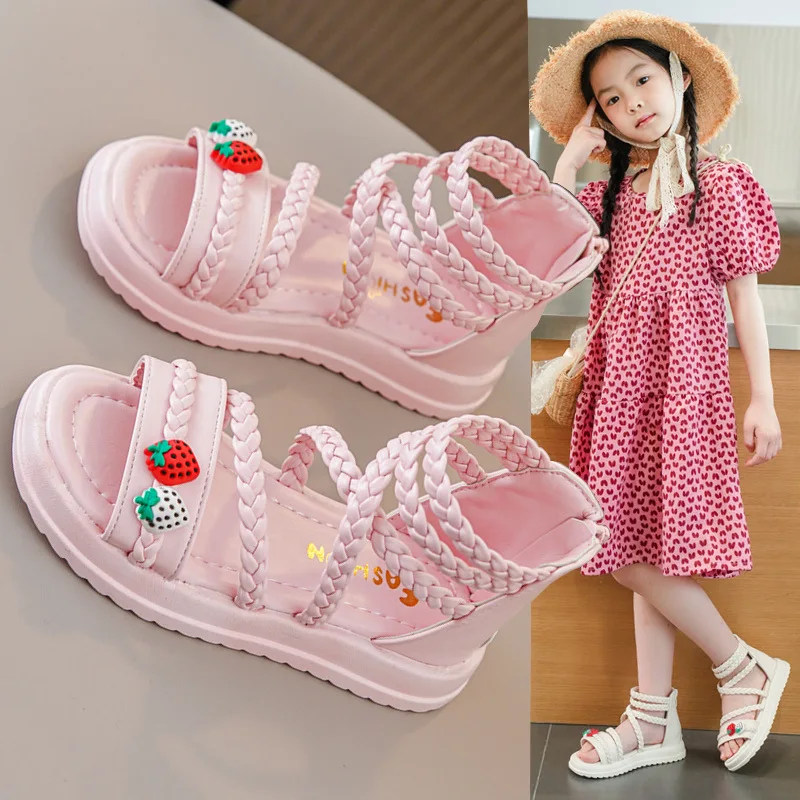 

2025 Weave Children's Sandals for Girls Shoes for Kids Gladiator Summer Soft Flat Heels Beach Princess Fashion Appliques Shoes