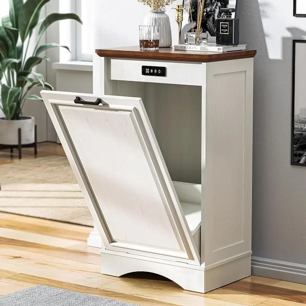 Antique White Kitchen Trash Bin Cabinet with Deodorizing Function and Pet Proof Lid for Recycling and Garbage Storage