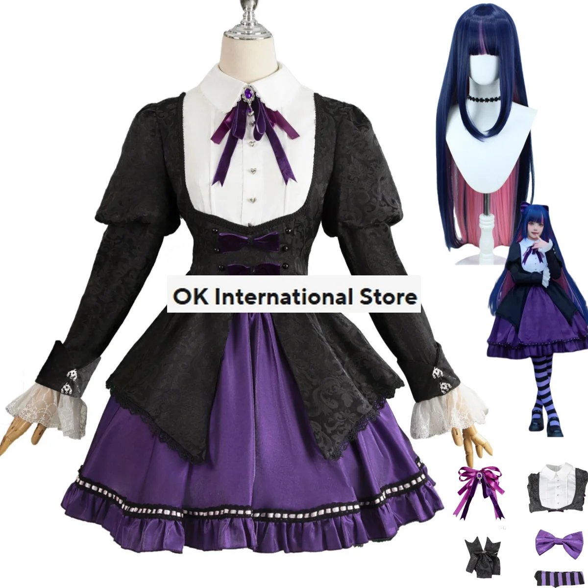 Anime Panty & Stocking with Garterbelt Stocking·Anarchy Cosplay Costume Wig Purple Evening Dress Lolita Woman Lovely Party Suit