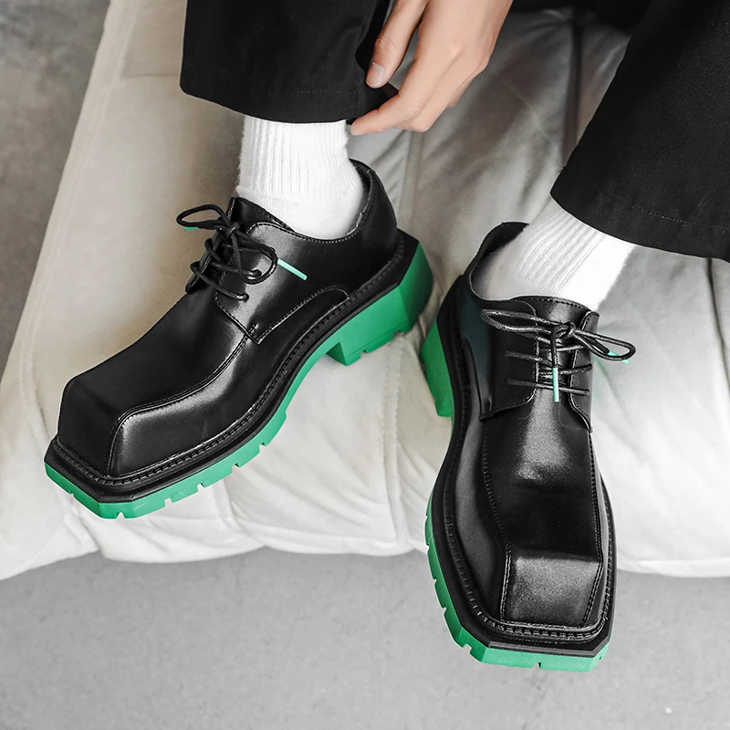 2023 Men\'s Japan Karajuku Korean Style Fashion Streetwear Thick Platform Casual Green Leather Shoes Lace Up Dress Leather Shoes