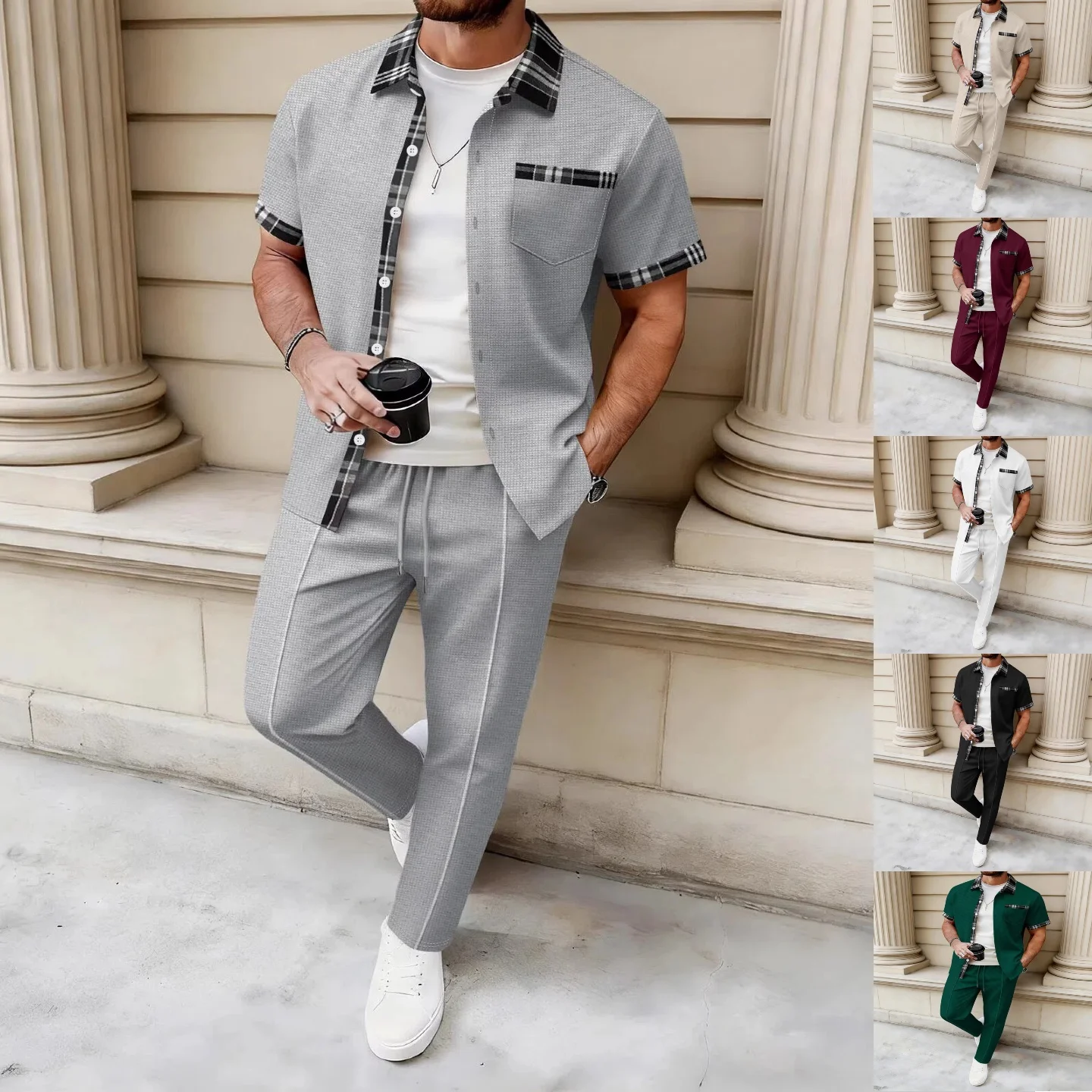 Summer men's new trendy casual loose and comfortable set, urban street relaxed and breathable color-matching two-piece set