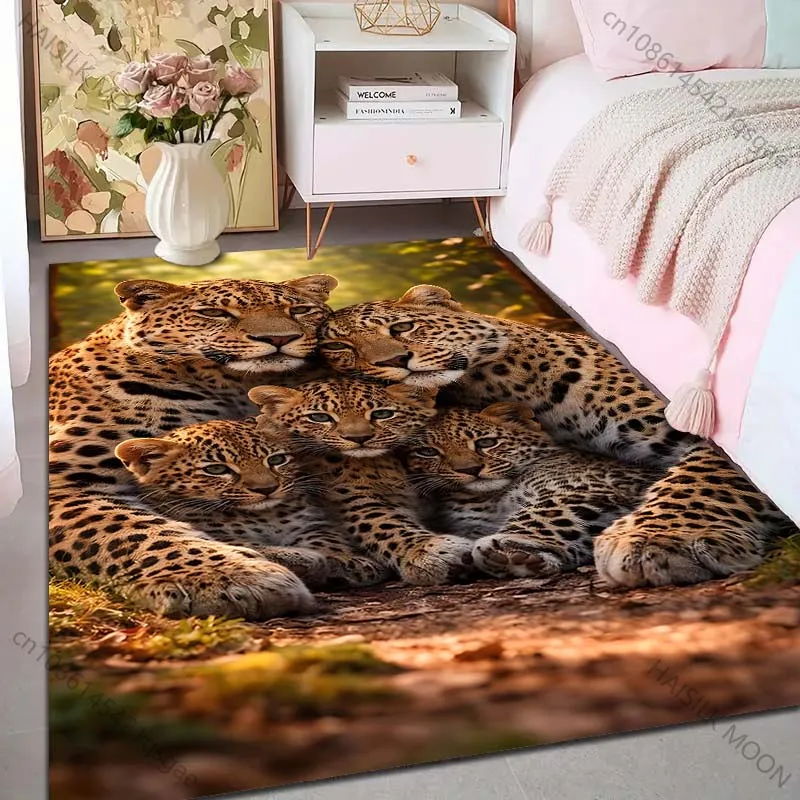 Leopard family cuddling in forest Pattern Rug Carpets for Bedroom Living Room Sofa Mat Creative Door Mat Cloakroom Home Decor