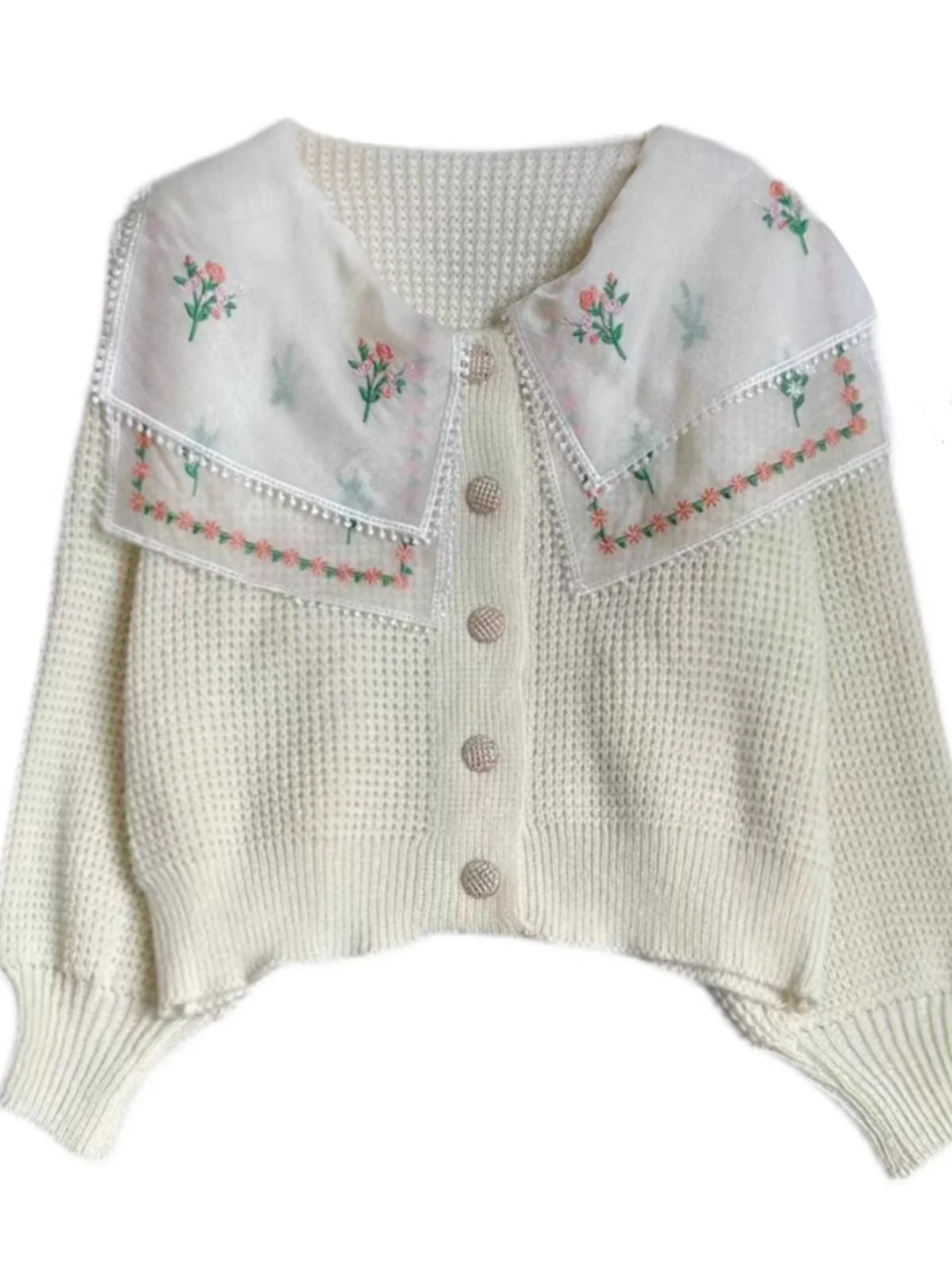 Cárdigan de punto Ele Long Sve para mujer, suéter de retazos bordado con cuello de muñeca dulce, prendas de vestir exteriores elegantes de otoño