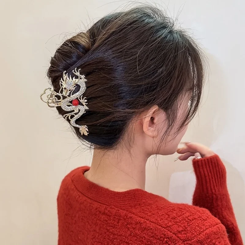 New Chinese Dragon Year Hair Clips Hair Accessories For Women Girl Red Bead Metal Rhinestone Hair Pin Fashion Jewelry Tiara Gift