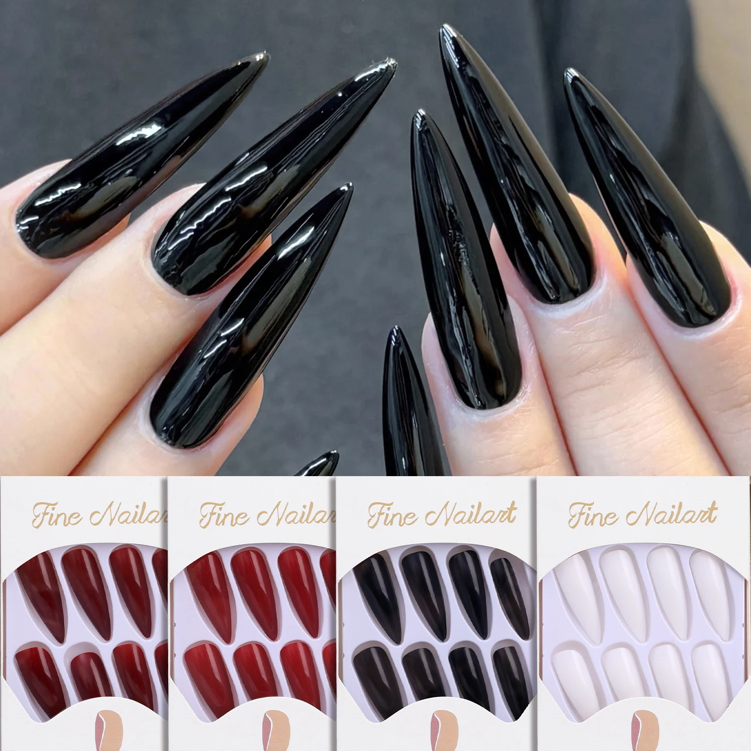 24-częściowy błyszczący czarny zestaw sztucznych paznokci Press On Nail Tips Solid Color Long Stiletto Removable Artificial Nails Decoration Nail Art