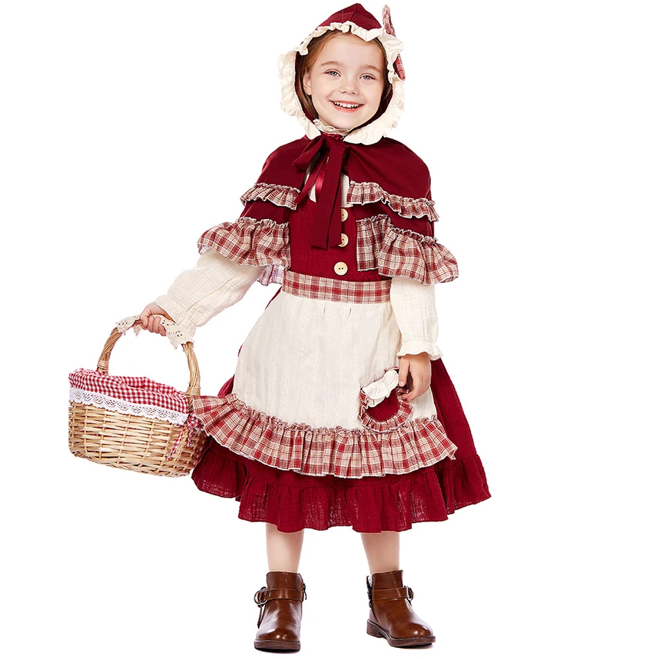 

Little Red Riding Hood Costume Children Day Stage Play Lolita Soft Girl Christmas Style Lace Clothes Fairy Tale Cosplay Dress