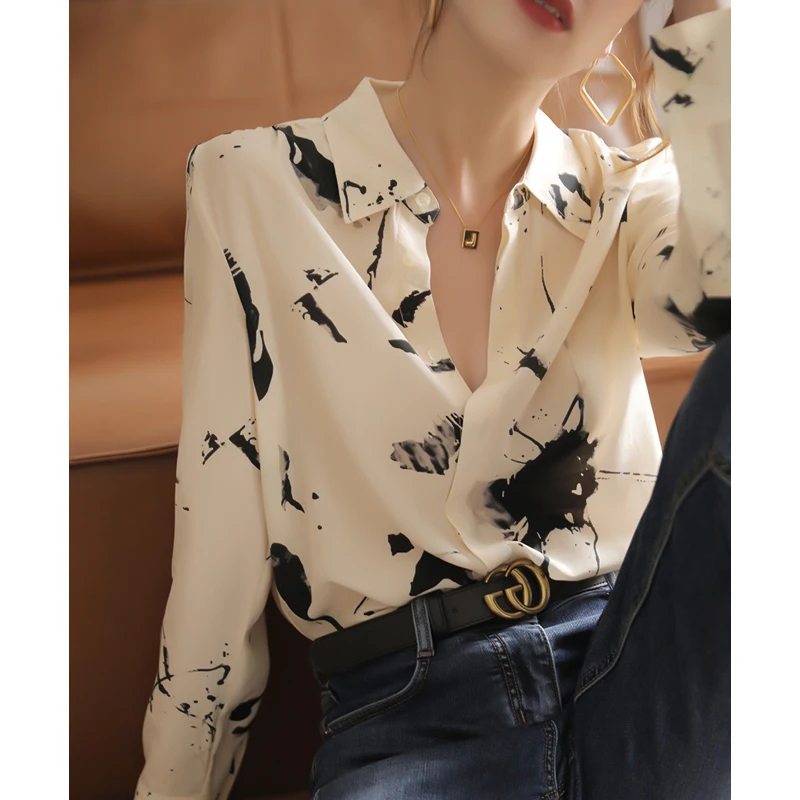 

Water-Media-Style Floral-Print Silk-Georgette Long-Sleeve Women's Shirt Spring-Autumn Vintage Hong-Kong Flavour Button-Up Top