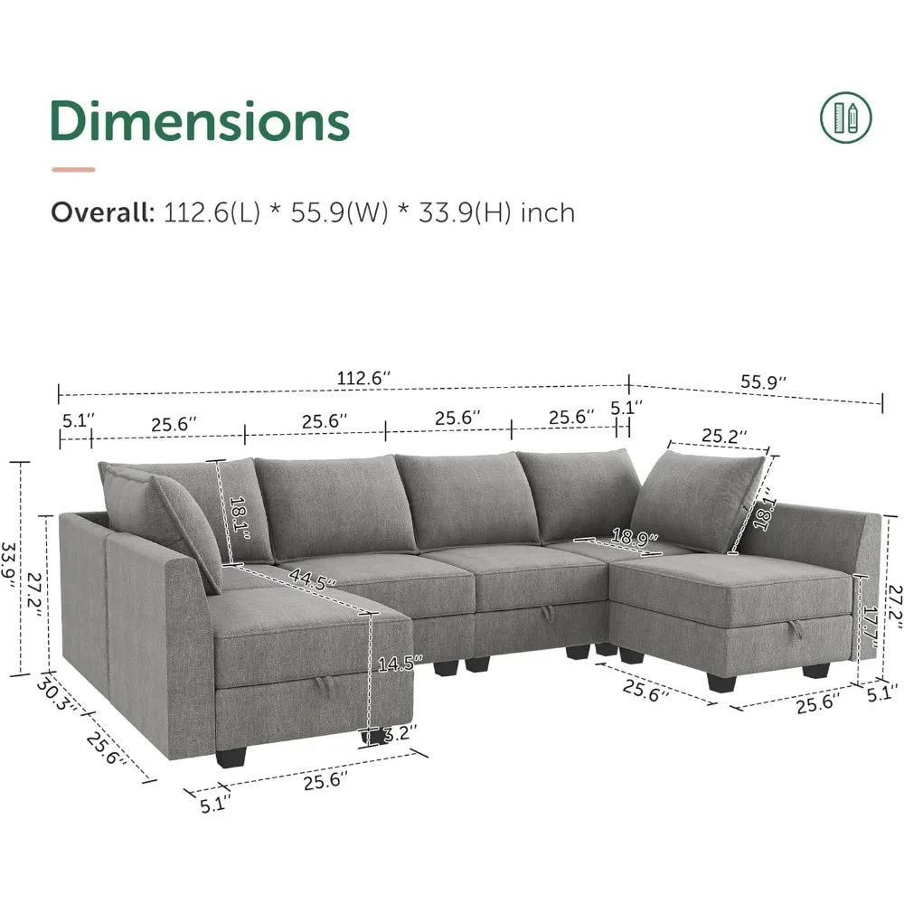 Modular Sectional Sofa U Shaped with Storage Convertible Couch for Living Room, Grey