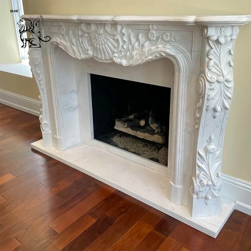 BLVE الراقية الفاخرة يدوية الصنع لويس XV نمط منحوت الأبيض الإيطالي كارارا الرخام الموقد MFJ-04 #4