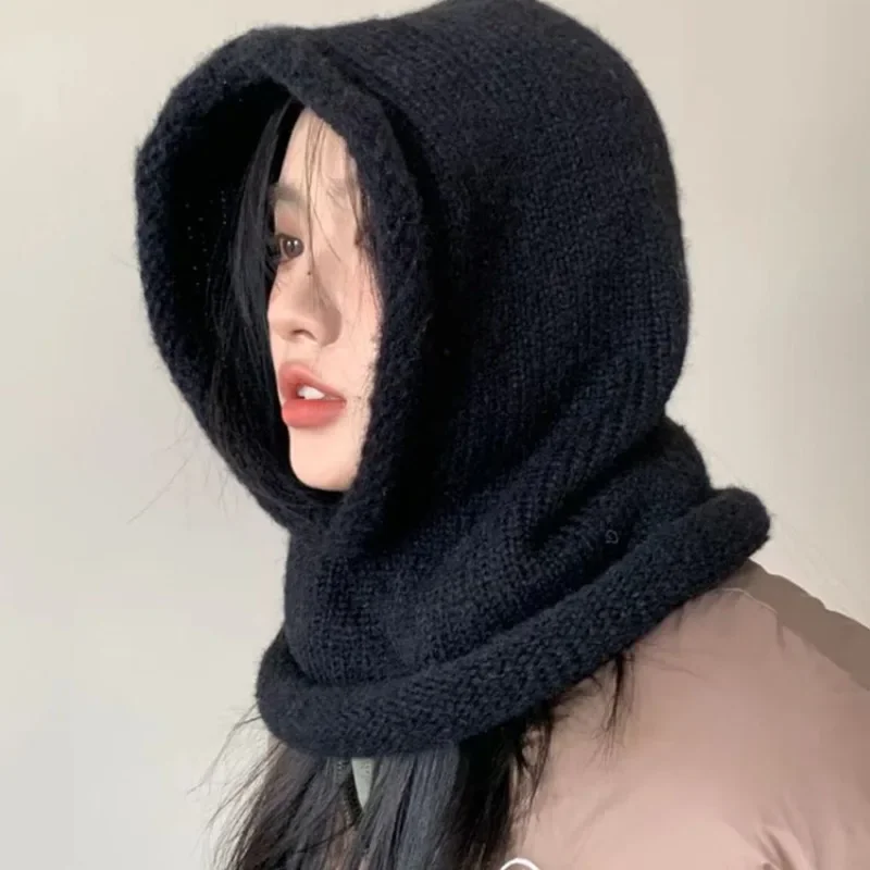 Hood Beanies Women Winter Warm Hood Scarf Hat Girls Street Ear Protection Knitted Hat Neck Protection Breakwind Beanies