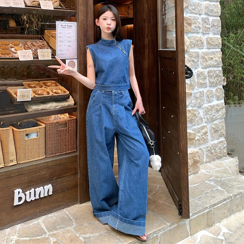 Women Denim Sets Korean Fashion Stand Collar Denim Vest Loose Wide Leg Straight Jeans 2024 Autumn New Ladies Two Piece