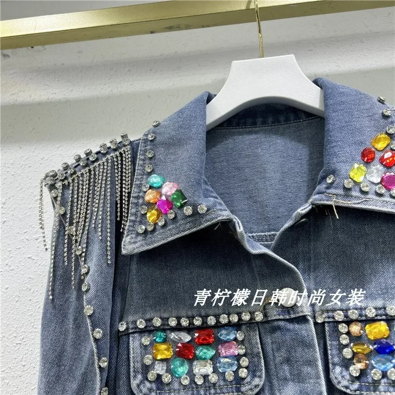 Spring New Pearl Diamonds Chain Tassel Frayed Burrs Hem Short Denim Jacket Women Lapel Half Sleeve Female Blue Jeans Jacket Coat