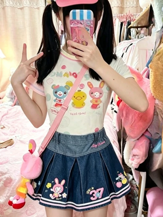 Sweet Cartoon Bubble Print Crop Top Pleated Skirt Two Piece Outfit Y2K Kawaii Girls Casual Daily Suit