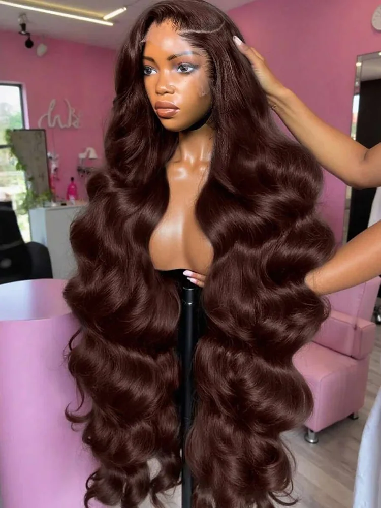 

OKVOKV 34 Inch 13x4 Chocolate Brown Body Wave Lace Front Wigs Human Hair Pre Plucked HD Lace Closure Wig 250% Density 13x4 HD Body Wave Lace Front Wigs Human Hair For Women Brazilian Invisi Strap 360 HD Full Lace Frontal Wig With Baby Hair Black Color