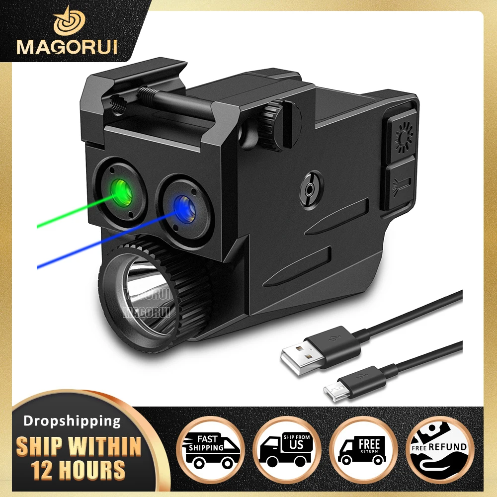 

Magorui 500 Lumens Blue Beam For Pistol Shockproof Red Green Laser Sight for Handgun USB Rechargeable Batteries Laser Flashlight