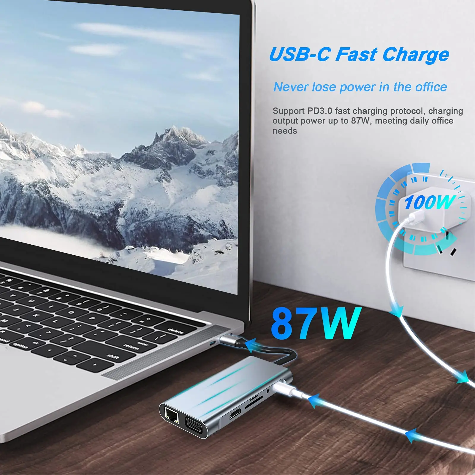 USB C Hub 11-in-1 Docking Station Type-C Multiport Adapter with 4K HDMI,VGA,100WPD,USB3.0,RJ45Ethernet,SD/TFCard Reader AUX 2