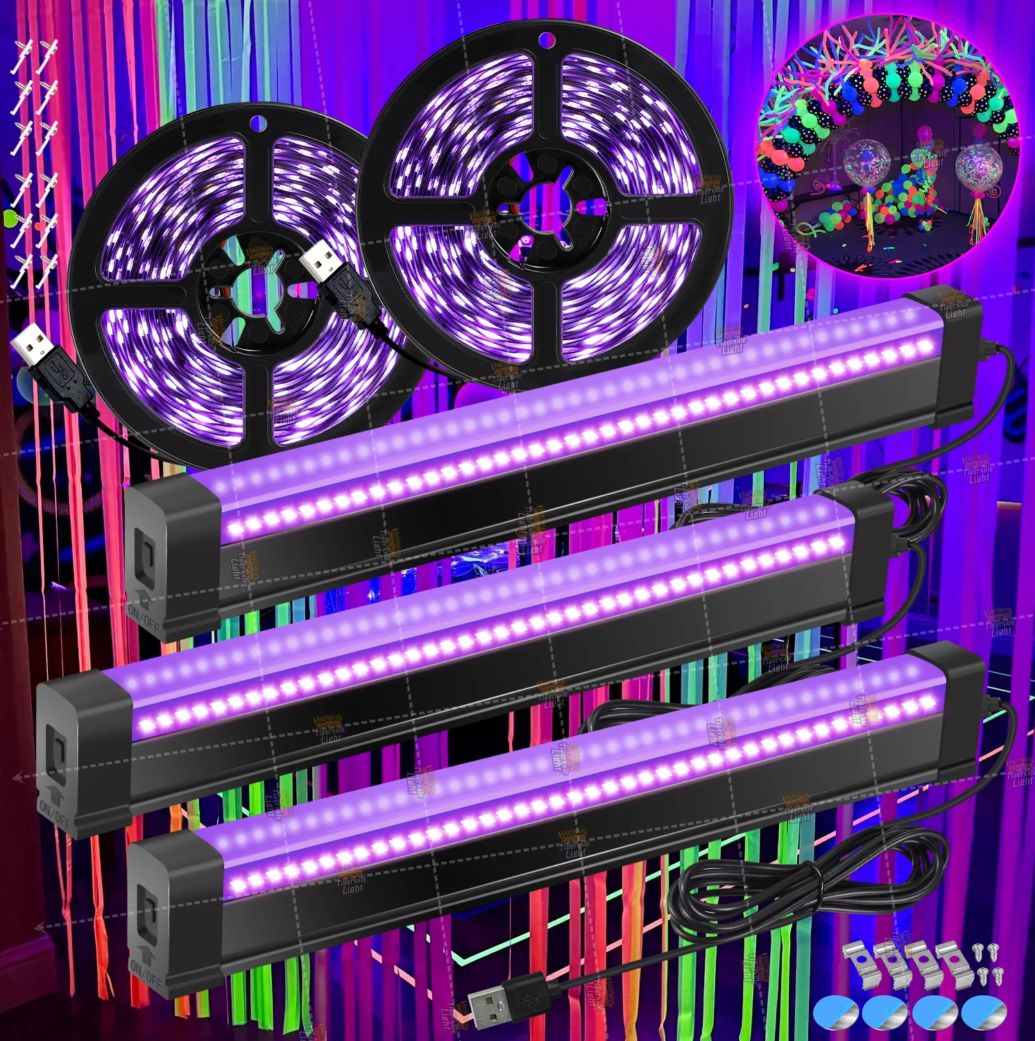 Juego combinado: tira de luz negra de 2,5 M/8,2 pies y barra de luz negra de 32 cm/12,6 pulgadas, para fiesta de neón brillante de Halloween, pintura fluorescente