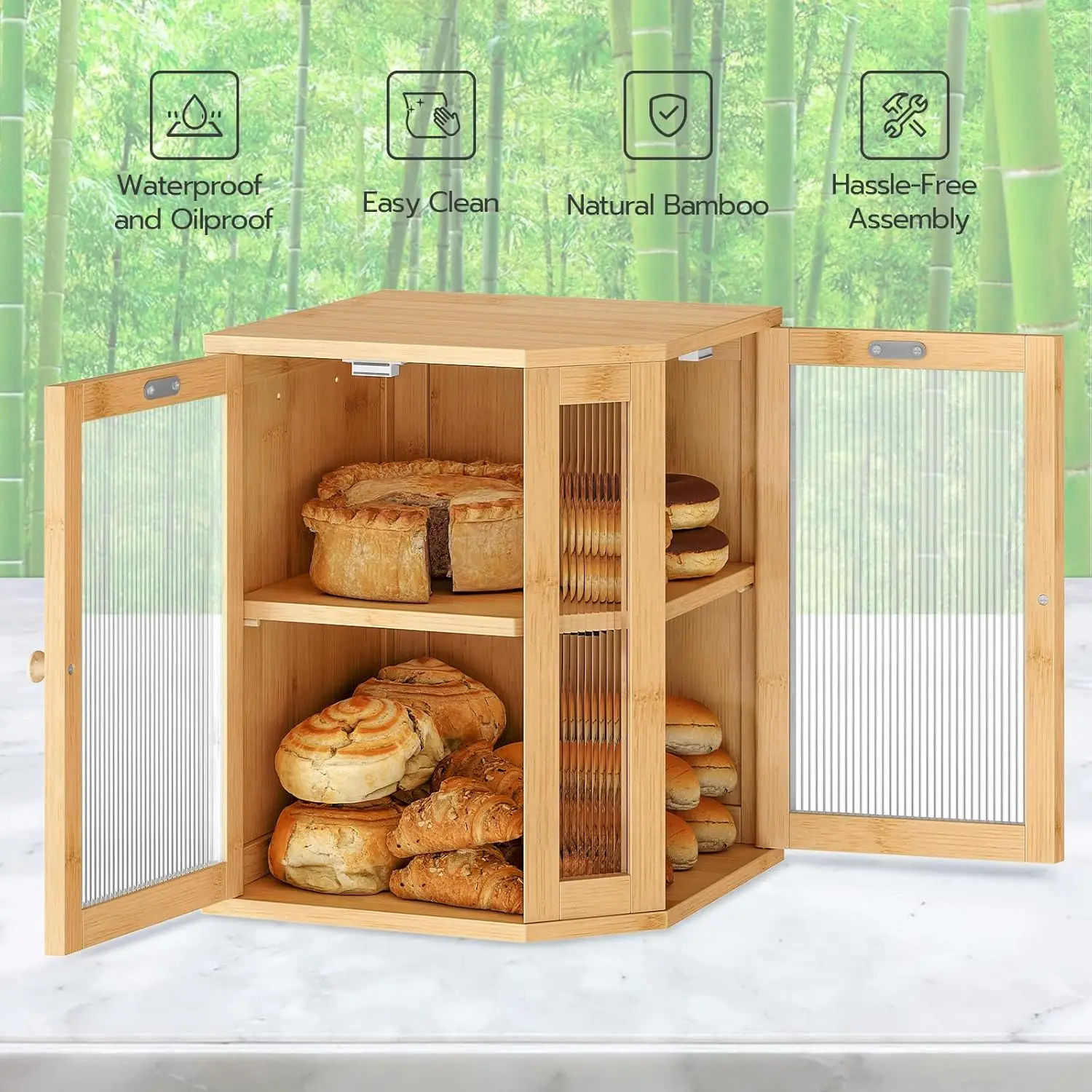 Bamboo Bread Box with Dual Acrylic Doors, 2-Tier Storage for Kitchen Countertop, Large Capacity Food Container