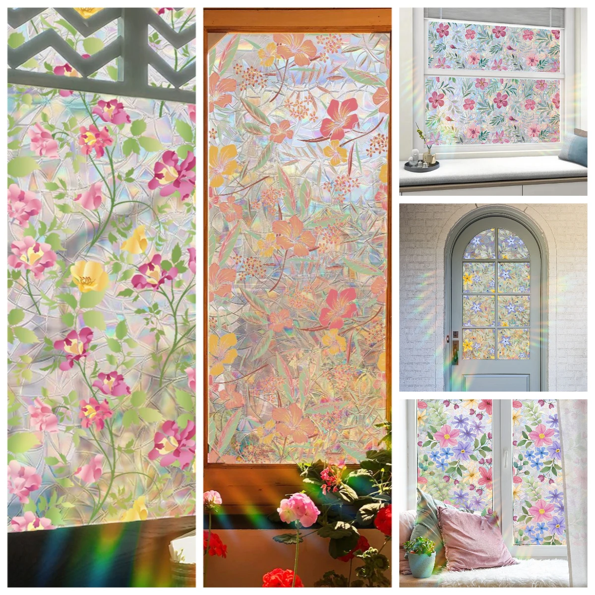 Reusable Static Cling Window Stickers 100cm Colorful Flower Decals 2-Sided View Sunlight Effects Glass Decor for Home/Shop