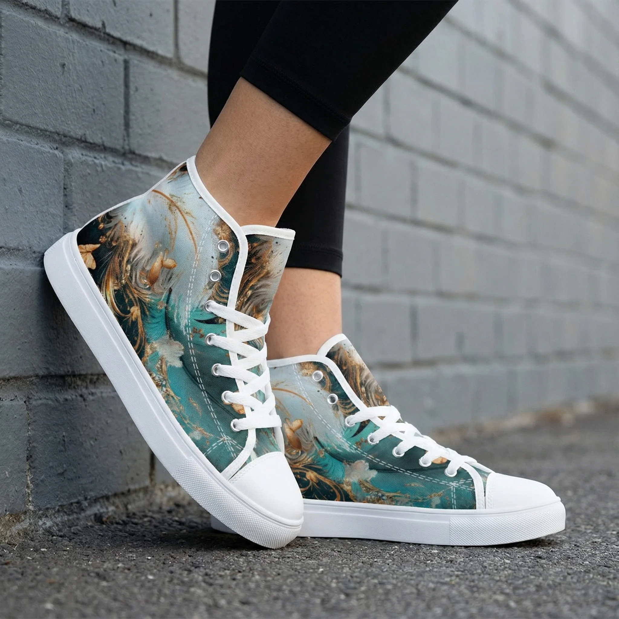 

Gold floral and feather print Casual High Top Canvas Shoes Fashion Shoes Sports Shoes Girl's campus sneakers