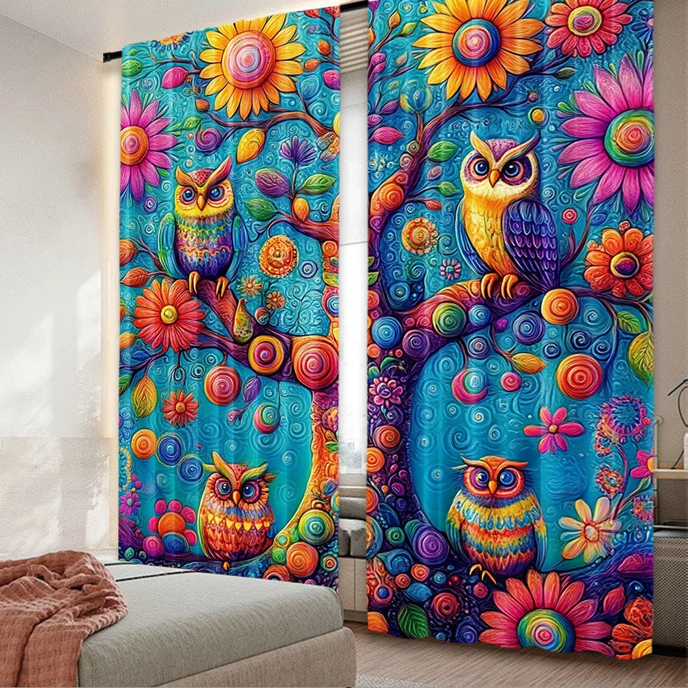 2Pcs Colorful Curtain Oriental Floral Atmosphere Tree With Jumbling Vines And Owls Suitable For Bedroom Bathroom Dining Room