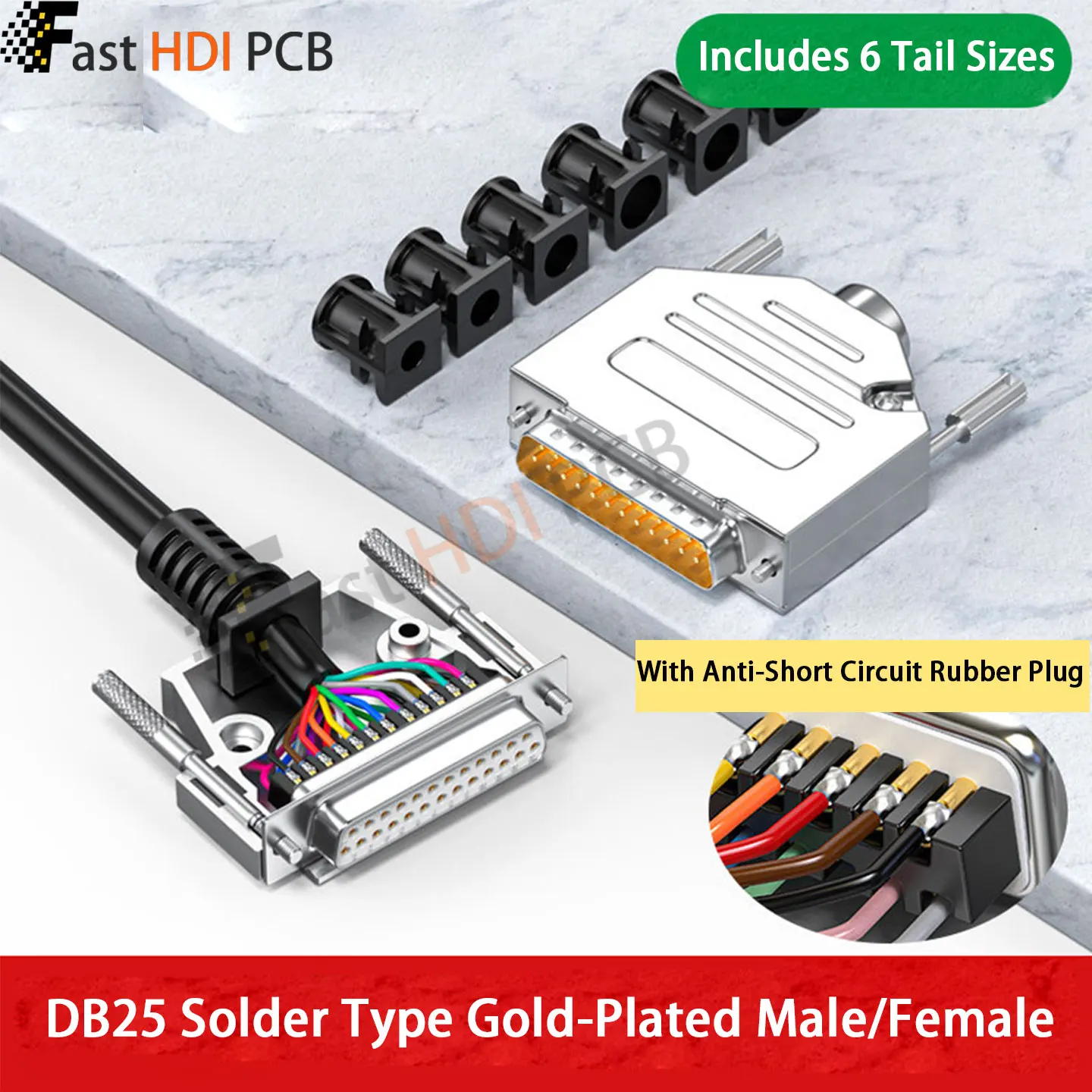 DB25 Solder Type Connector Male Female 25 Pin D-Sub Gold Plated Solid/Stamped Pin Metal Shell with Anti-Short Circuit Plug