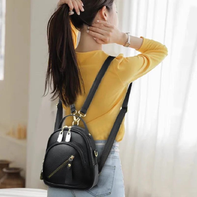 

2026 Korean Fashion Women's High Quality Leather Small Backpacks Casual Double Zipper Shoulder Bags Totes Messenger Bag