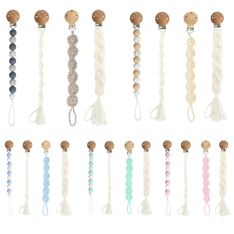 

Hand-woven Cotton Baby Pacifier Clips Food Grade Silicone Beads Newborn Dummy Nipple Holder Soother Clip Chain Baby Chewing Toy