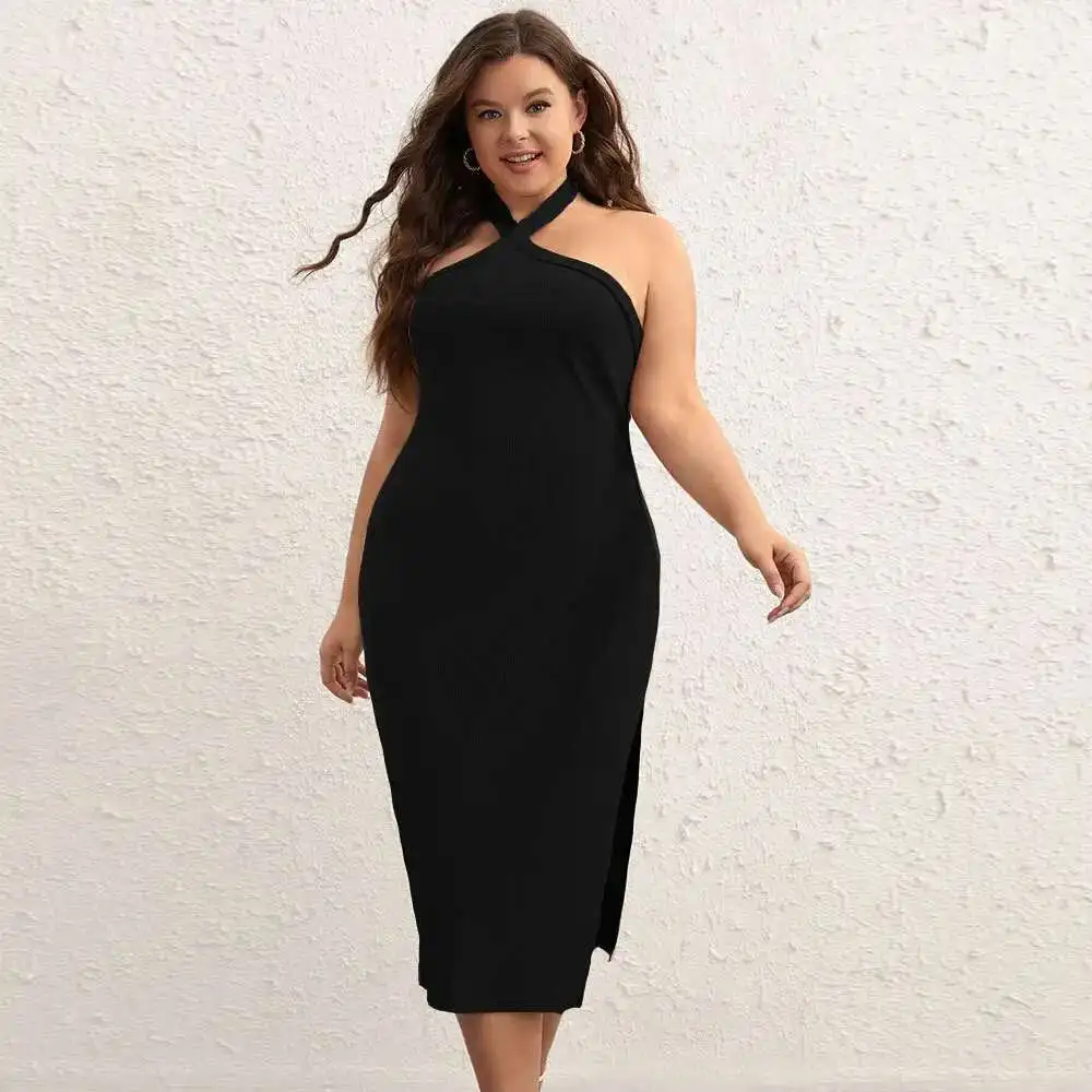 

Plus 2025 Size Women's New Sexy Backless Slit Bag Hip Skirt Hanging Neck Knitted Fashionable Temperament Dress Casual Y2k