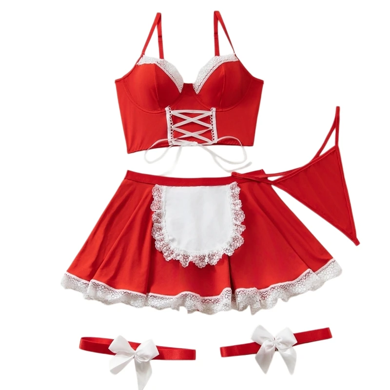

5PCS/Set Women Cosplay Costumes Sexy Maid Uniforms Push Up Bralette Top + Mini Skirt + Thong + Leg Rings
