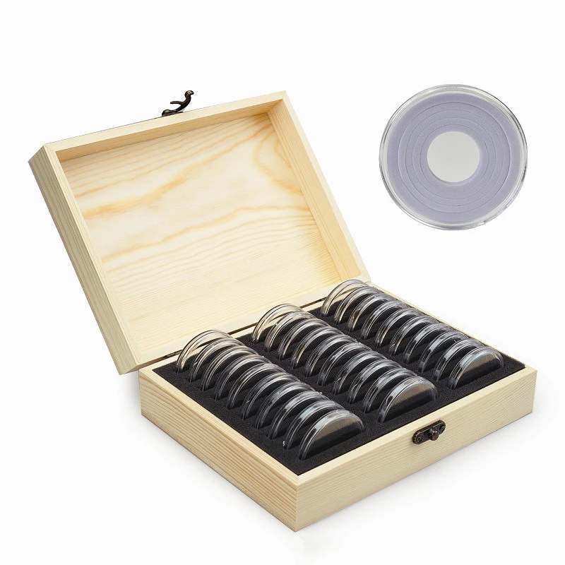 ABWR-Wooden Coin Display Storage Box Case For Coin Collectible With 30 Capsules Coins Display Box