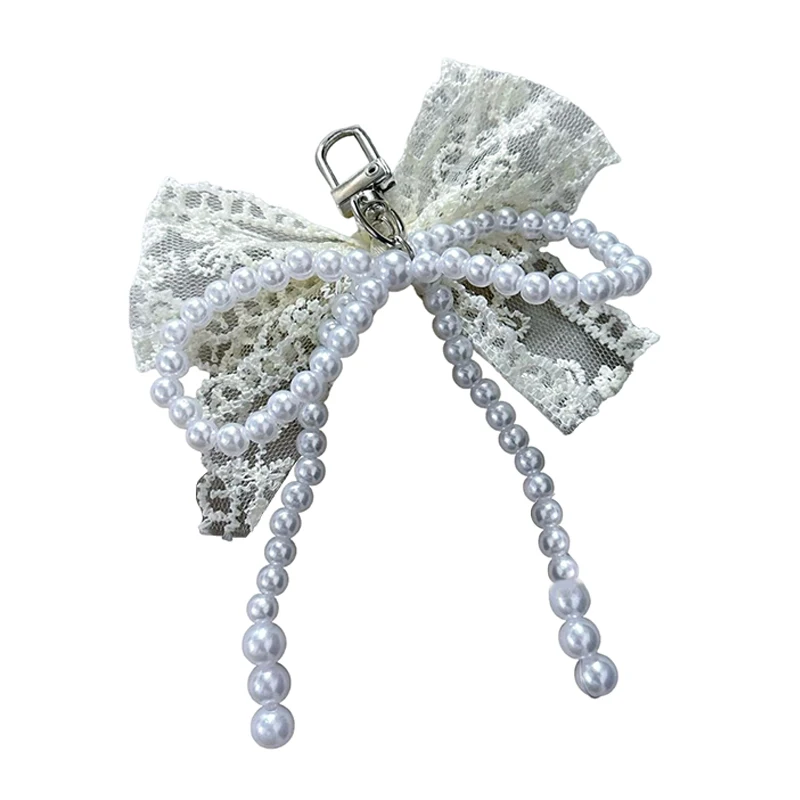 1pc Lace Bowknot Pearls Bag Pendant Phone Charm Heart Keychain Elegant Beaded Keyring Sweet Key Chain Phone Key Bag Hangings