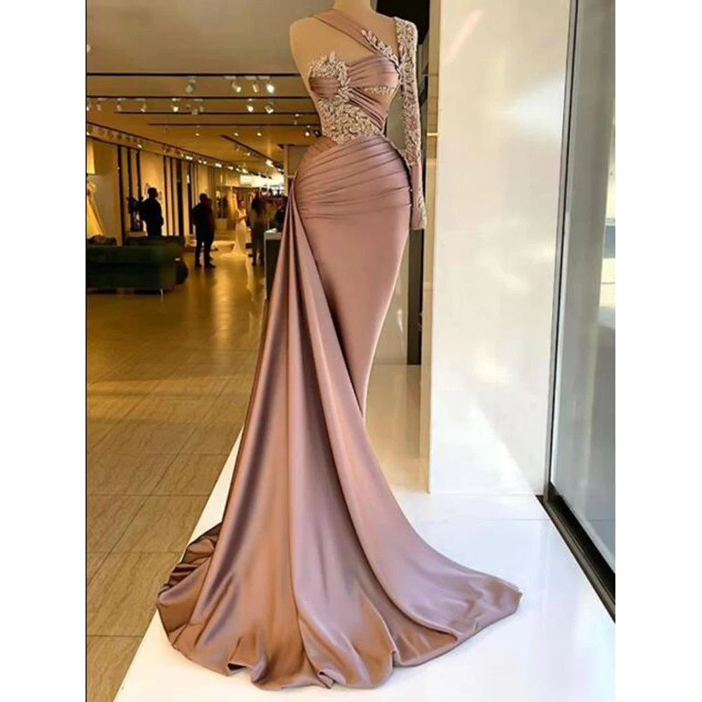 

Gorgeous Pink Evening Dresses Strapless One Shoulder Sleeve Floor Length Mermaid Appliques Sweet Women Banquet Prom Gowns