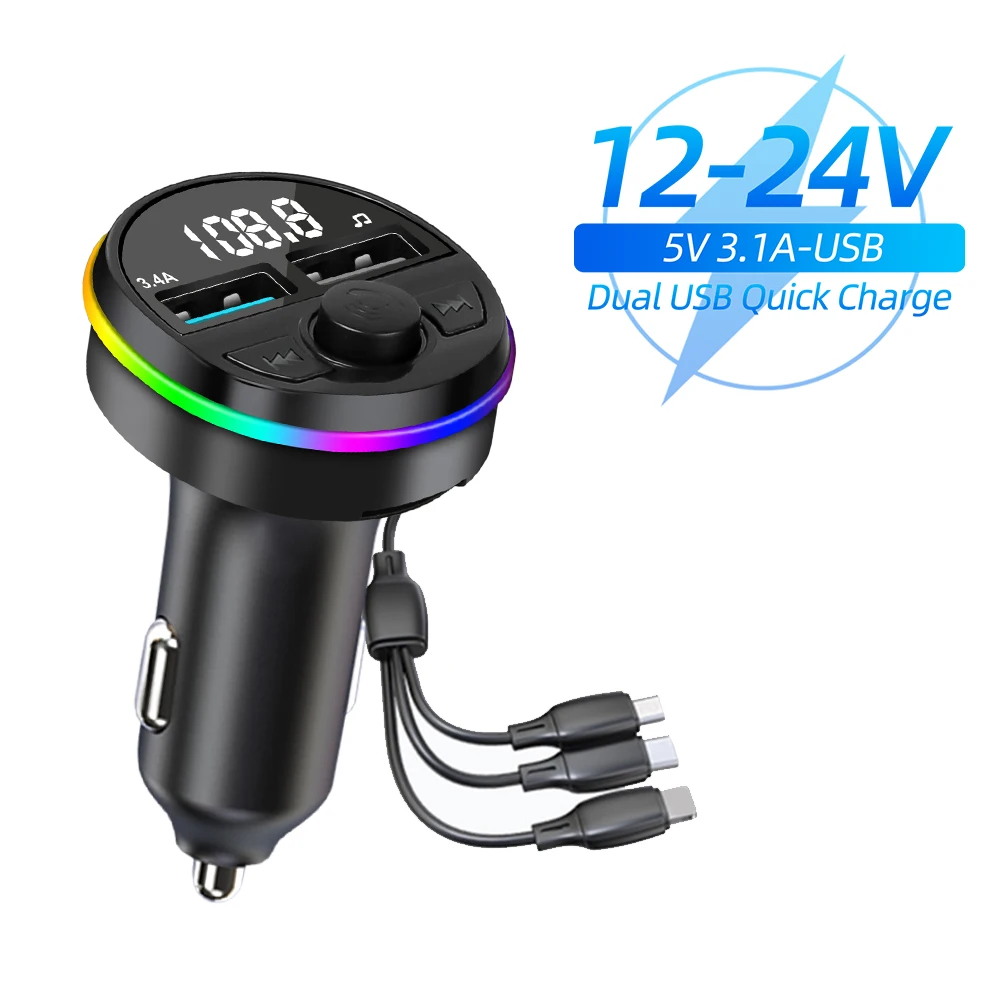 Bluetooth 5.0 FM Transmitter Car Kit MP3 Modulator Player Handsfree Audio Receiver With 3 in 1 Charge Cable for IPhone Huawei