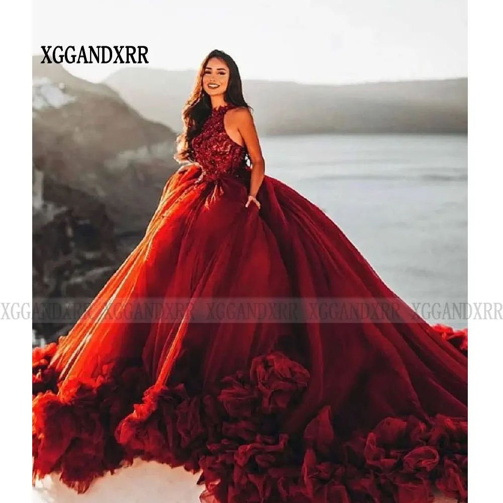 Customized Burgundy Quinceanera Dresses 2024 Halter Wine Red Ruffle Ball Gown Princess Vestido De 15 Quinceañera Sweet 16 Dress