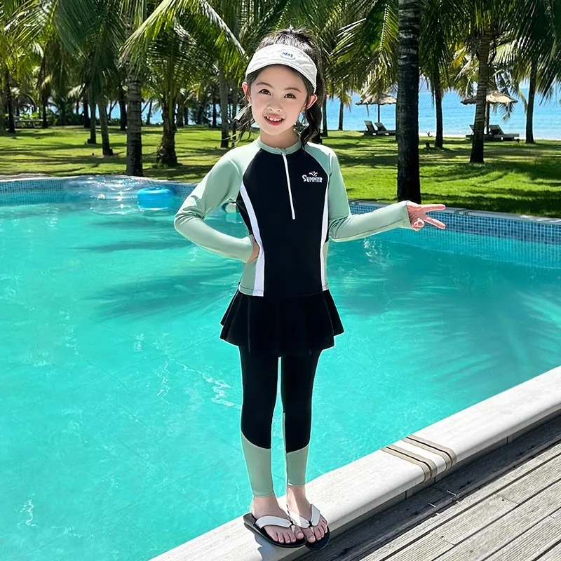 Girls Burkini Three Pieces Kids Long Sleeve Swimsuit With Removable Skirt Children Modest Swimwear Muslim Swimming Suit Bathing