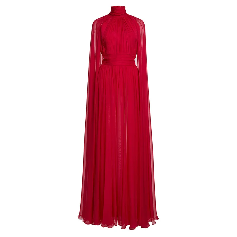 TWOTWINSTYLE rouge transparent épissé plis robes élégantes pour les femmes col haut manches cape tunique mode longue robe femme vêtements
